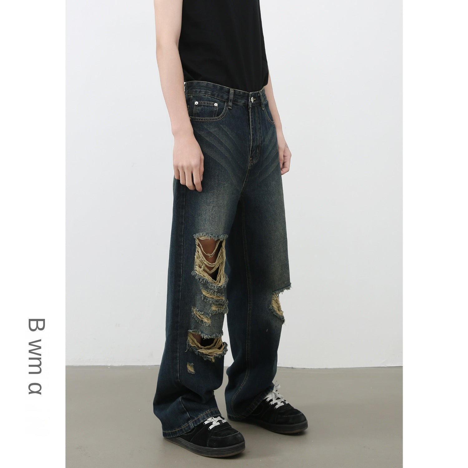 American High Street Retro Distressed Denim Trousers - Men's Straight Loose Wide-Leg Pants