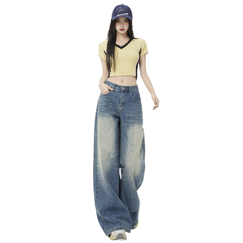 Women's Washed Vintage Blue Draped Loose High-Waist Wide-Leg Jeans