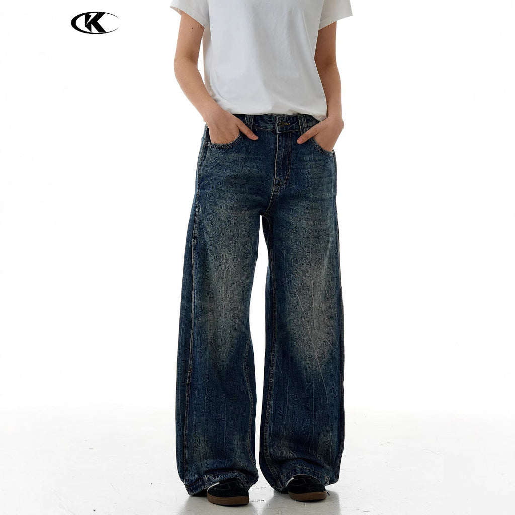 High Street Loose Casual Washed Vintage Wide Leg Straight Long Trousers