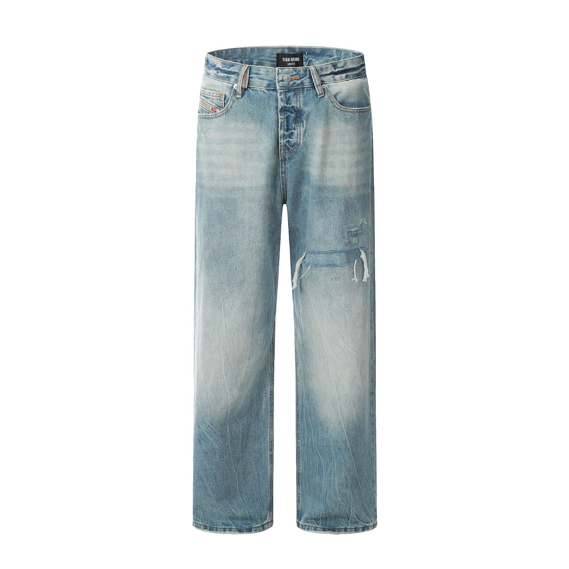 Blue Denim Pants for Men and Women - Knife-Cut Destruction, Water Washed, Wide-Leg Casual Trousers