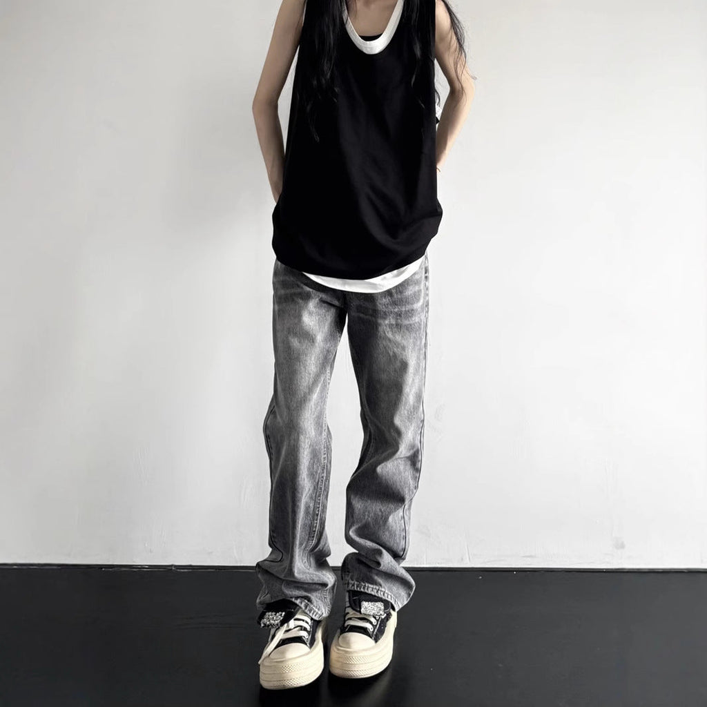 Washed Vintage Smoky Gray Denim Pants - Unisex  Loose Straight Leg All-Match Long Pants