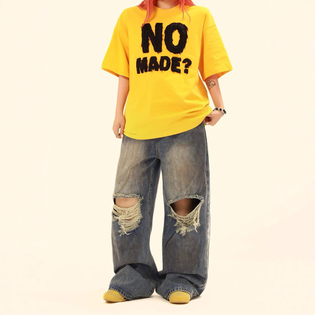 Washed Faded Distressed Denim Pants - Unisex Loose Wide Leg Trousers