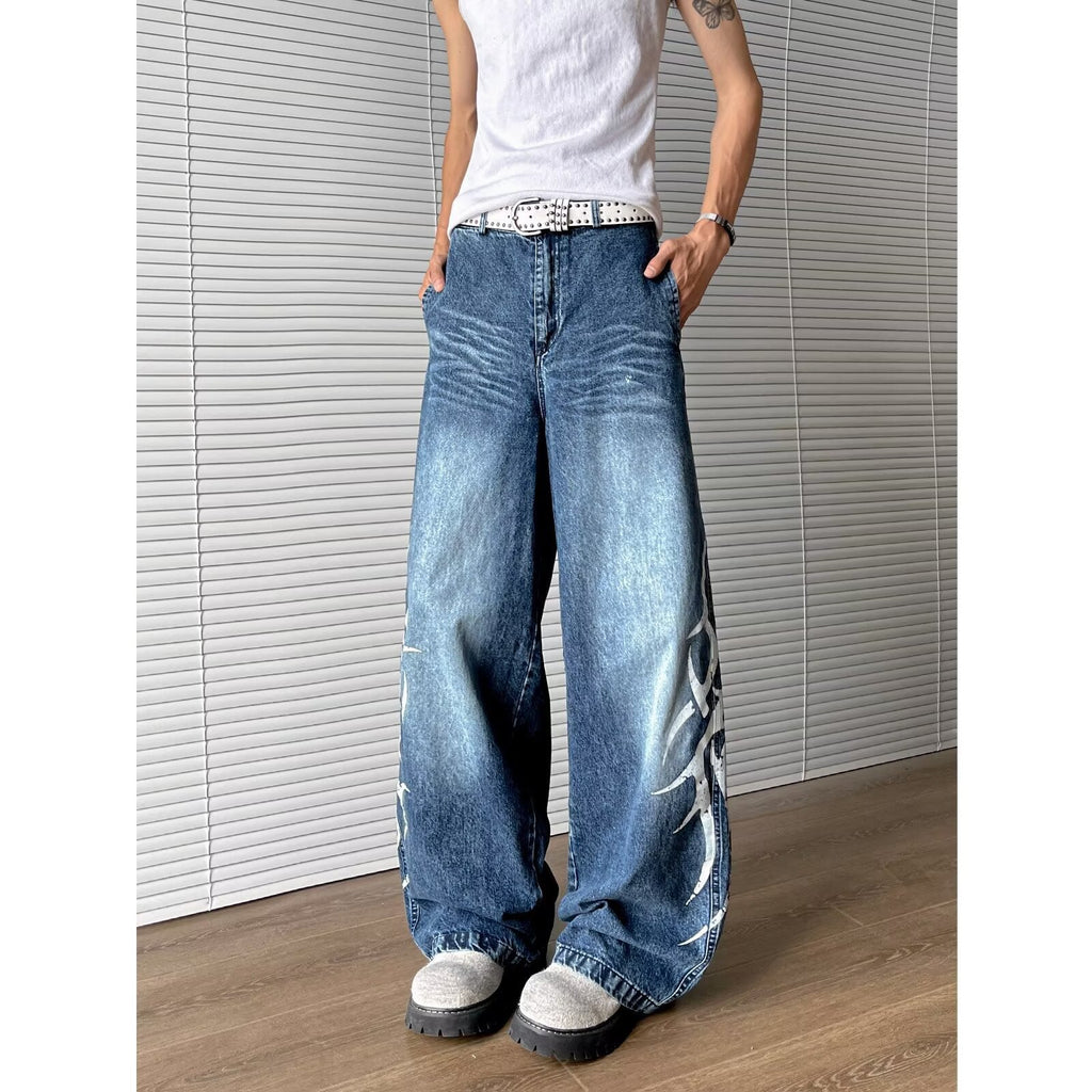 Washed Totem Print Loose Straight Leg Denim Retro Wide Leg Casual Pants