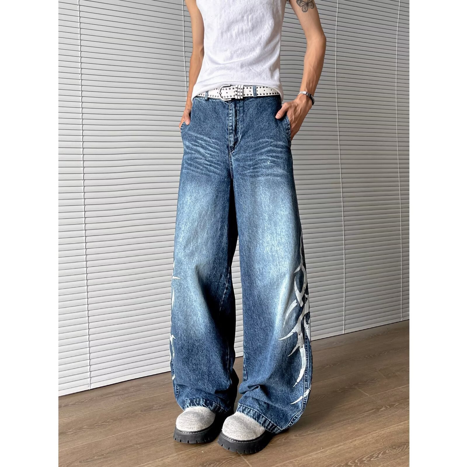 Washed Totem Print Loose Straight Leg Denim Retro Wide Leg Casual Pants