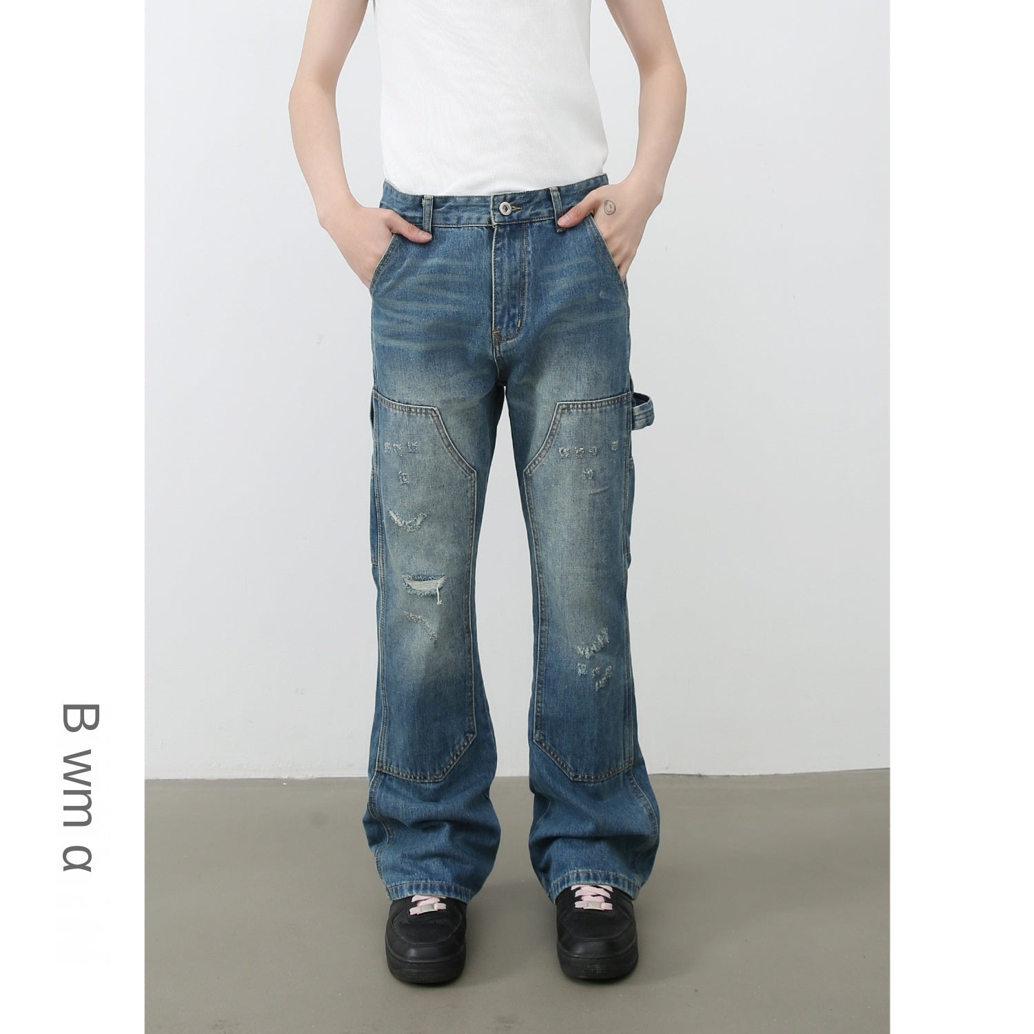 American Vintage Lumberjack Denim Trousers for Men | Water-Washed Distressed Loose Straight Leg Pants