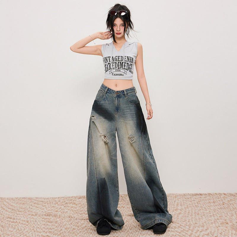 Women's Distressed Slash Denim Pants - Vintage Loose Wide Leg Trousers