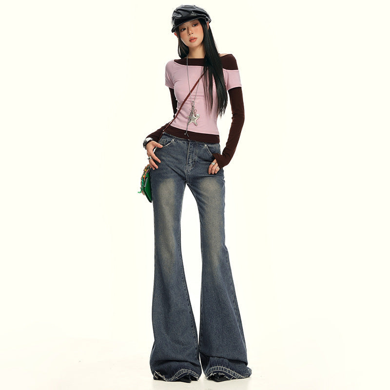 Women's Low Waist Flared Jeans - Long Trumpet Pants Non-Skinny Trousers