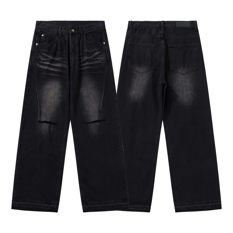 Street Water Washed Vintage Knife-Cut Distressed Denim Pants - Unisex Loose Straight Wide-Leg Long Trousers