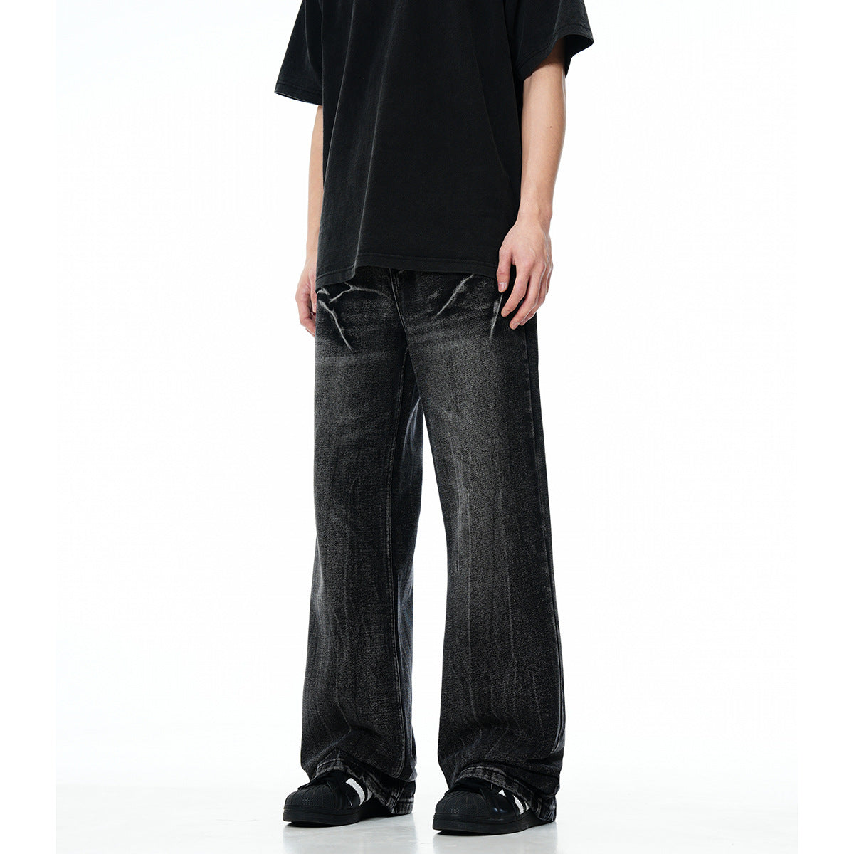 High Street Lightning Crack Washed Denim Trousers - Faded Cat Whiskers Loose Flared Jeans