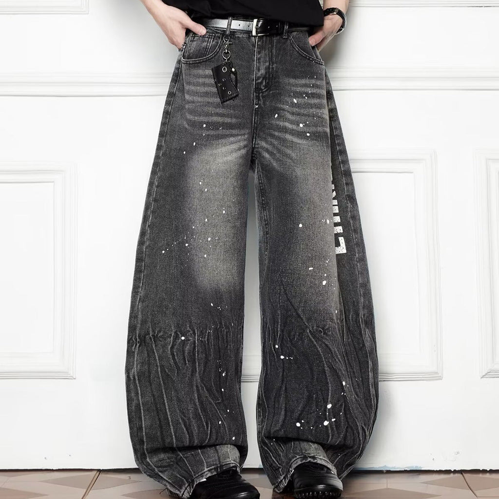 Splash Ink Wash Wide Leg Denim Loose Casual Curved Knife Pants