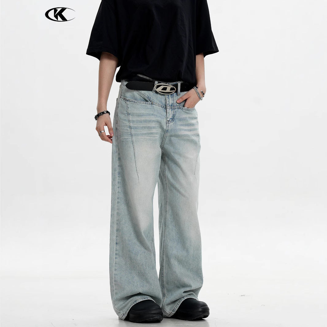 Water Washed Vintage Denim Pants - Men's and Women's Straight Fit Casual Trousers