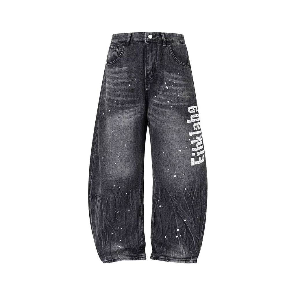 Splash Ink Wash Wide Leg Denim Loose Casual Curved Knife Pants