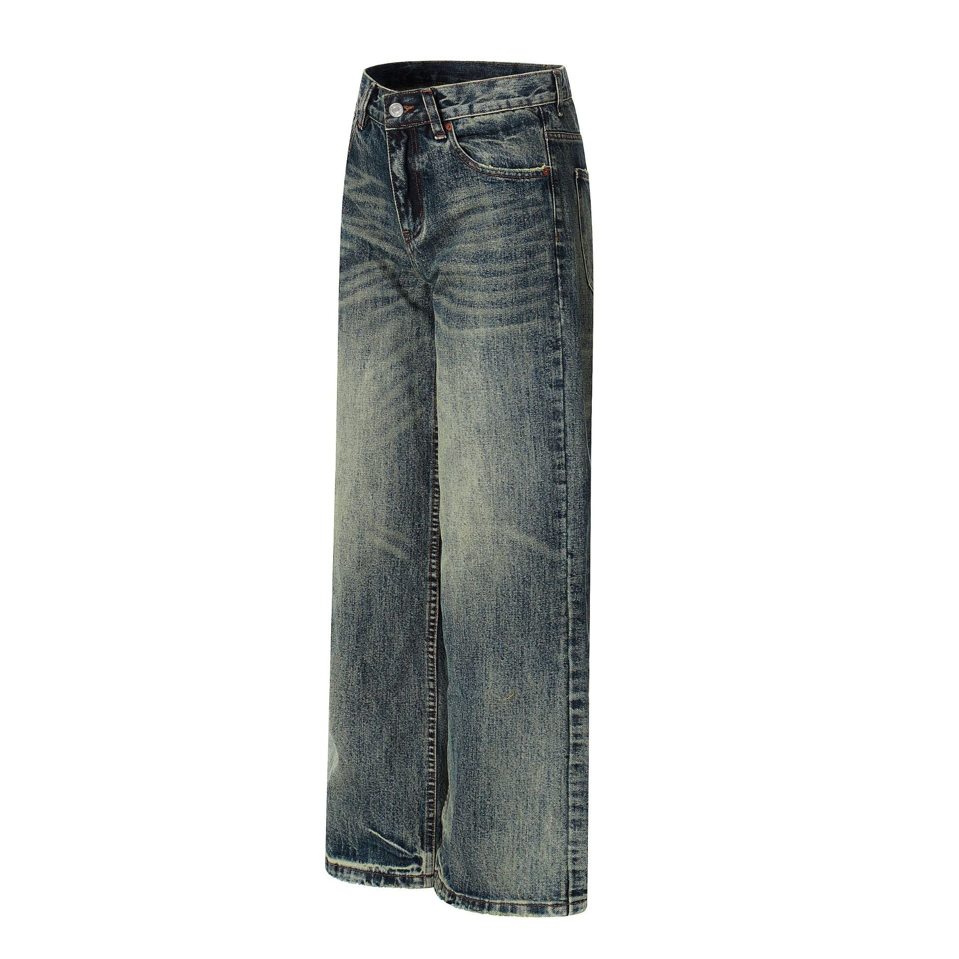 Water-Washed Faded Loose Fit Wide-Leg Floor-Length Casual Trousers