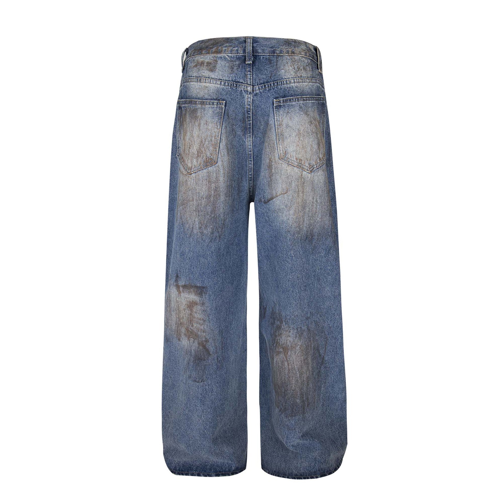 Washed Faded Distressed Denim Pants - Unisex Loose Wide Leg Trousers