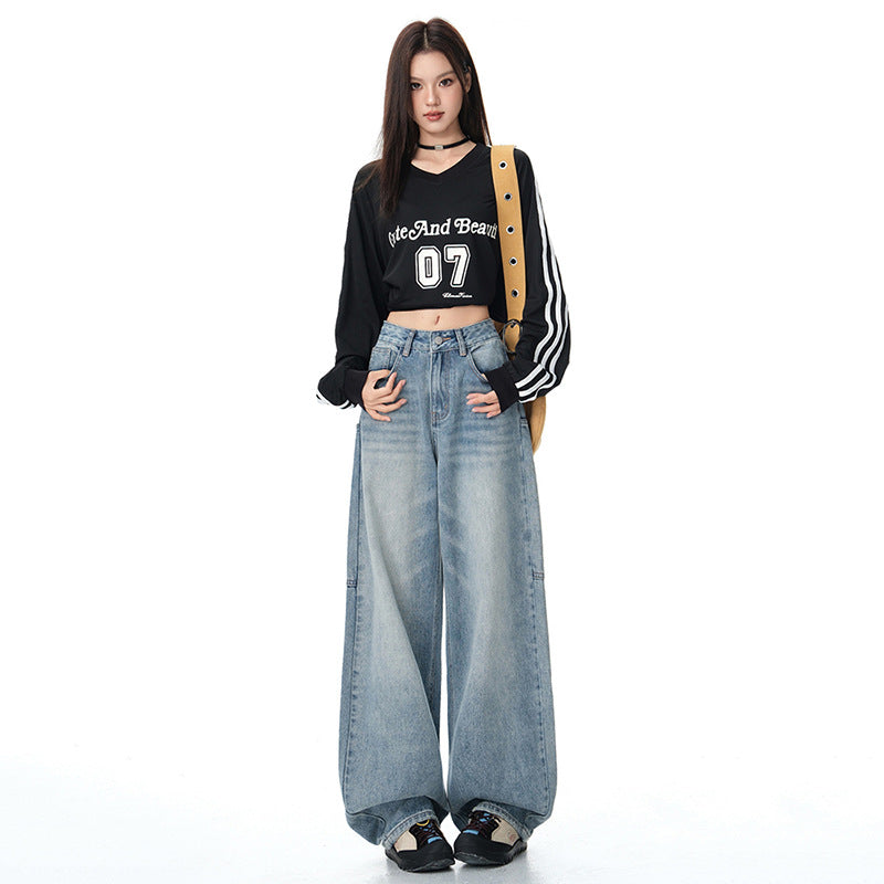 Women's Wide Leg Jeans - Loose Fit Straight Leg Floor-Length Pants