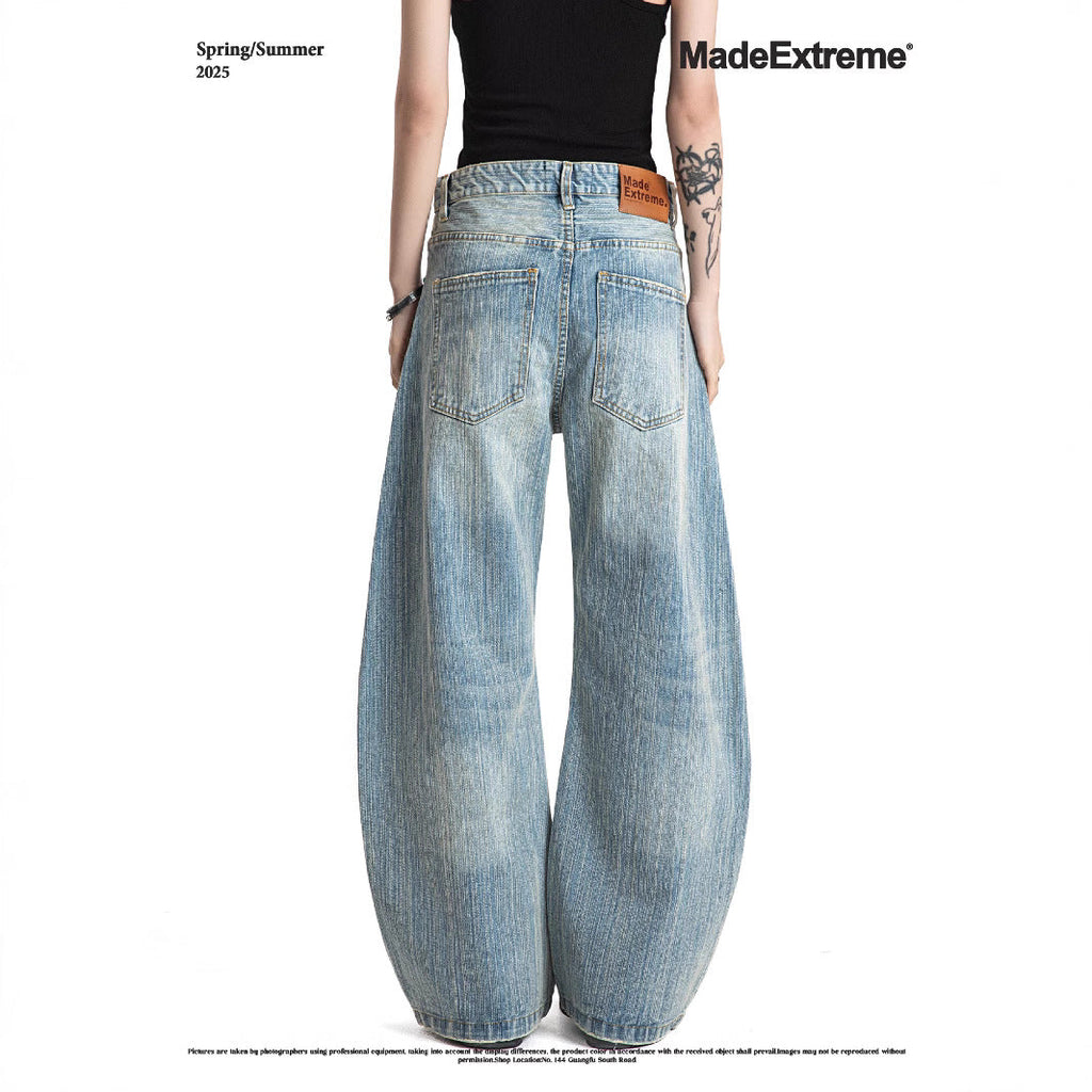 Washed Bamboo Slub Faded White Unisex Summer Loose Straight Denim Pants