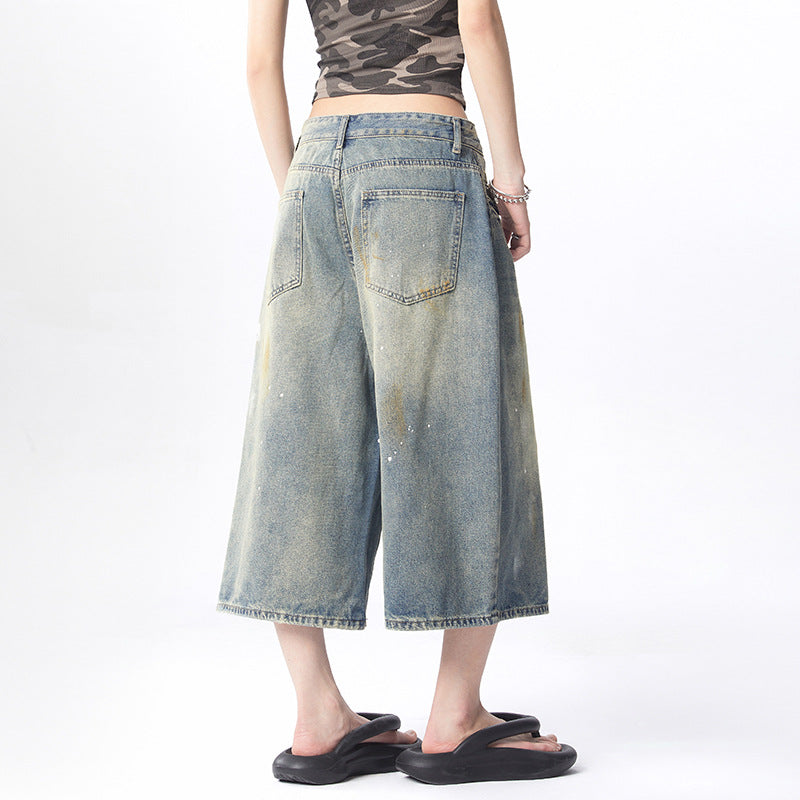 Splatter Washed Denim Pants for Women - Loose Casual Wide Leg Crop Pants