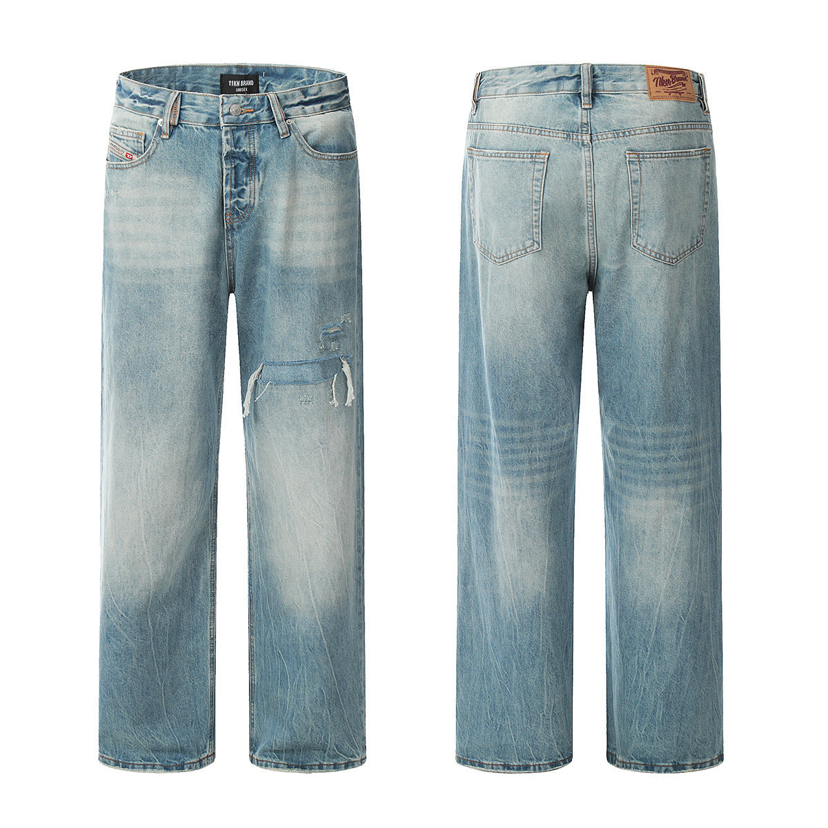 Blue Denim Pants for Men and Women - Knife-Cut Destruction, Water Washed, Wide-Leg Casual Trousers