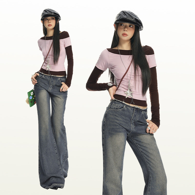 Women's Low Waist Flared Jeans - Long Trumpet Pants Non-Skinny Trousers