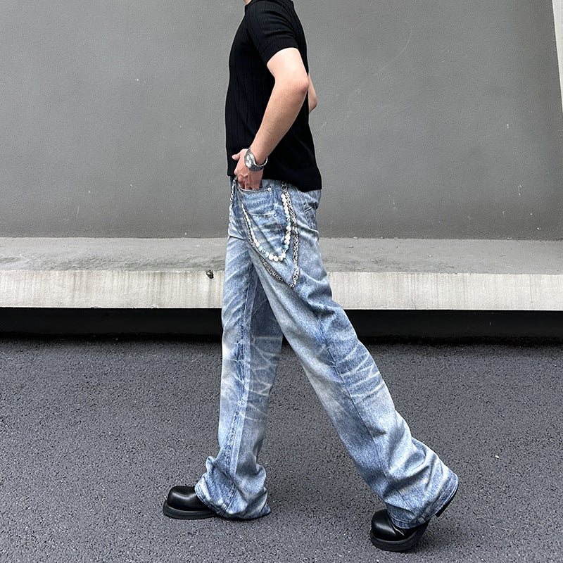 Chain Pendant Printed Jeans for Men - Summer Loose Straight Leg Wide Leg Pants