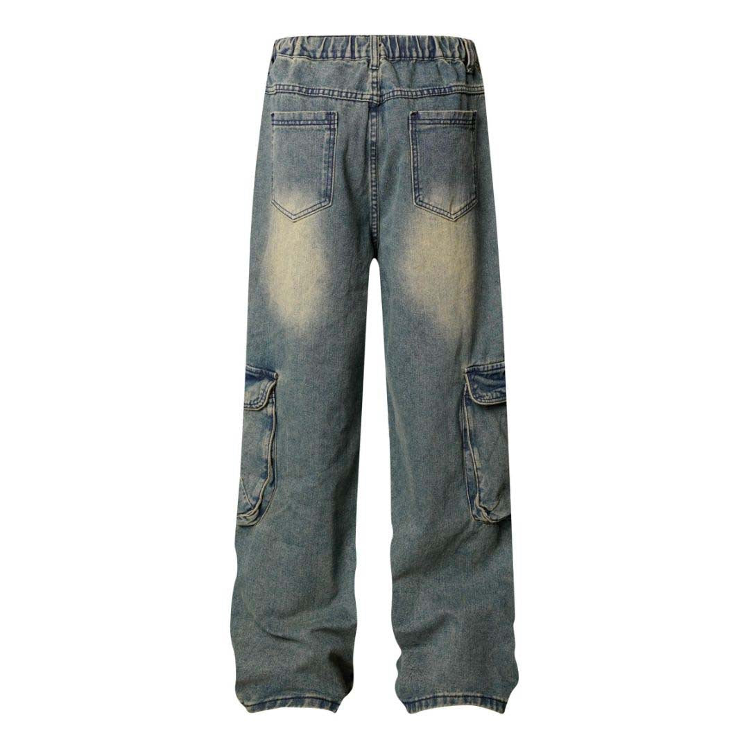 High Street Washed Vintage Multi-Pocket Denim Work Pants - Unisex Loose Wide Leg Trousers