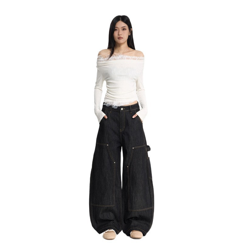 Women's Wide-Leg Original Black Denim Pants - Loose Casual Versatile Long Trousers