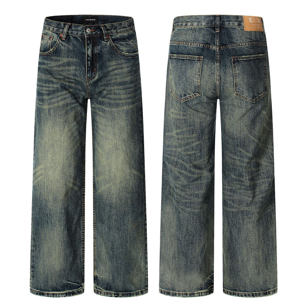 Water-Washed Faded Loose Fit Wide-Leg Floor-Length Casual Trousers