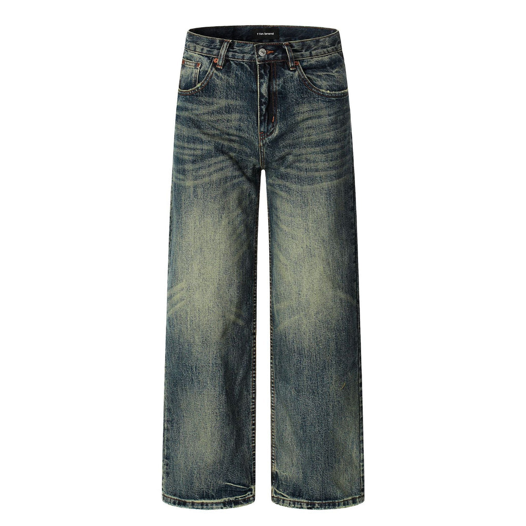 Water-Washed Faded Loose Fit Wide-Leg Floor-Length Casual Trousers