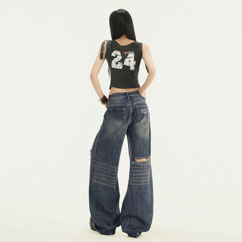 Women's Ripped High Waist Wide Leg Pants - Slimming Distressed Denim Trousers