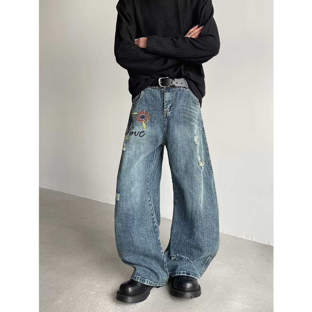 Flower Embroidery Curved Knife Denim Ripped Straight Tube Casual Pants