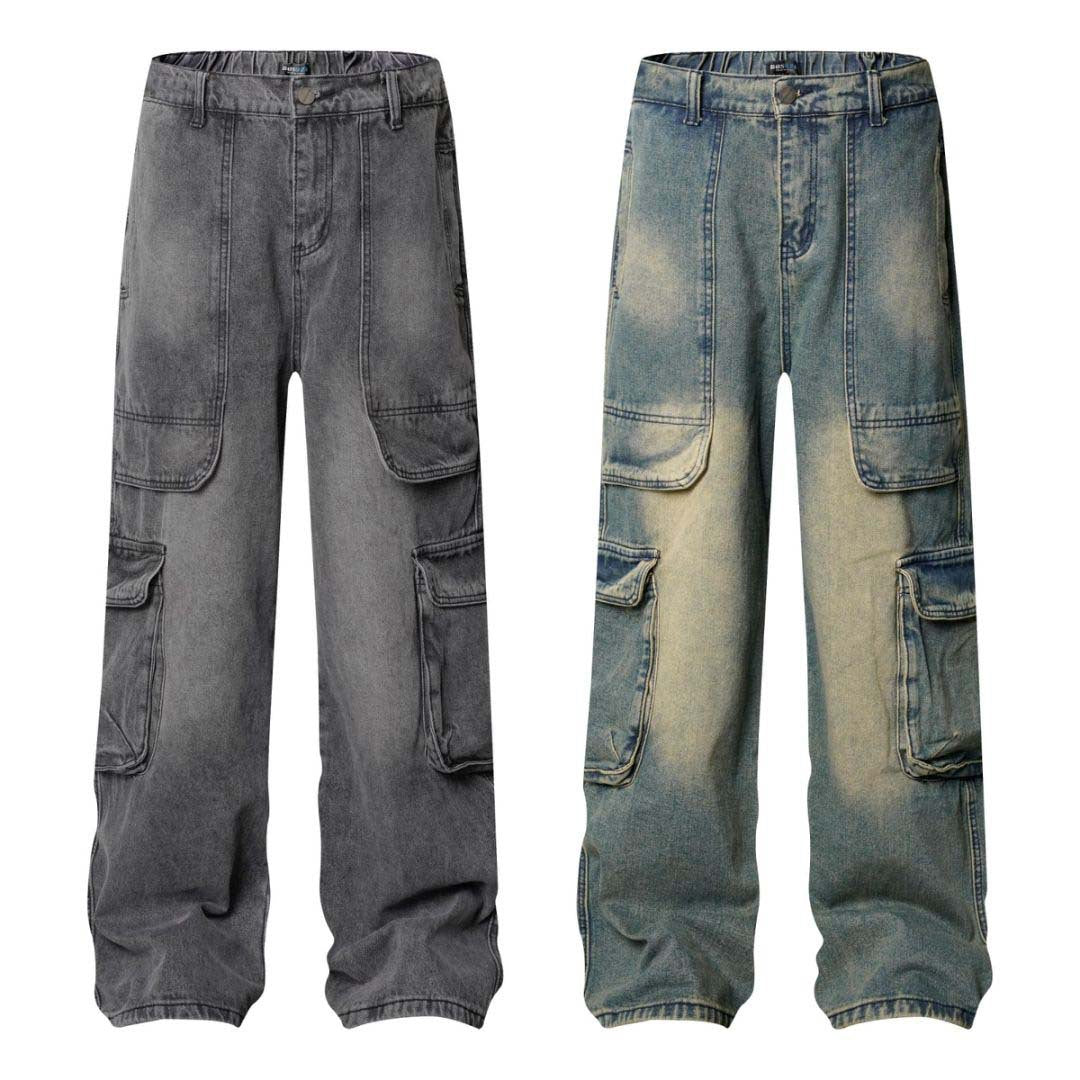High Street Washed Vintage Multi-Pocket Denim Work Pants - Unisex Loose Wide Leg Trousers
