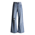 Women's Denim Blue Distressed Wide Leg Pants - Loose Fit Slimming Floor Length Trousers