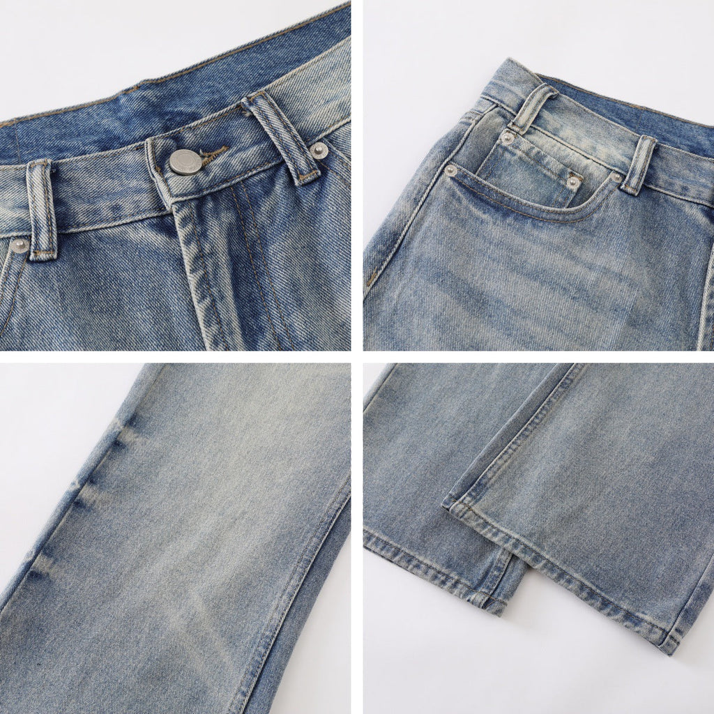 Design Faded Washed Whisker Loose Wide Leg Men's Denim Trousers