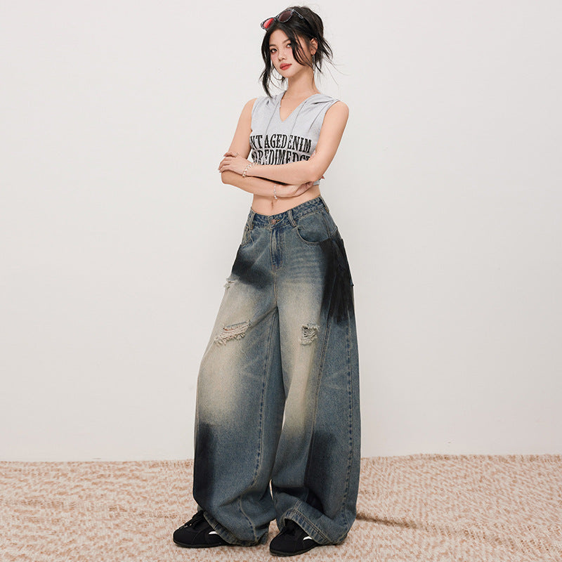 Women's Distressed Slash Denim Pants - Vintage Loose Wide Leg Trousers