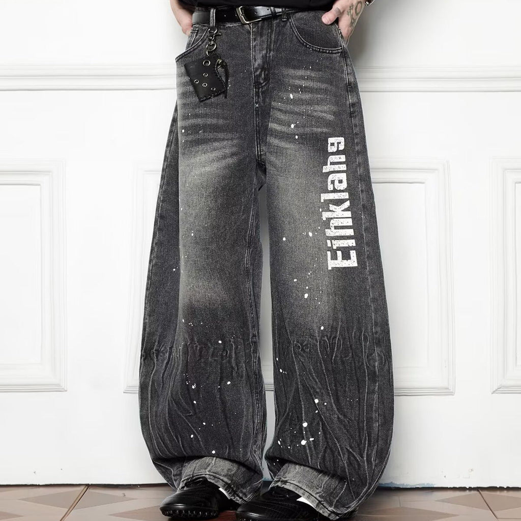 Splash Ink Wash Wide Leg Denim Loose Casual Curved Knife Pants