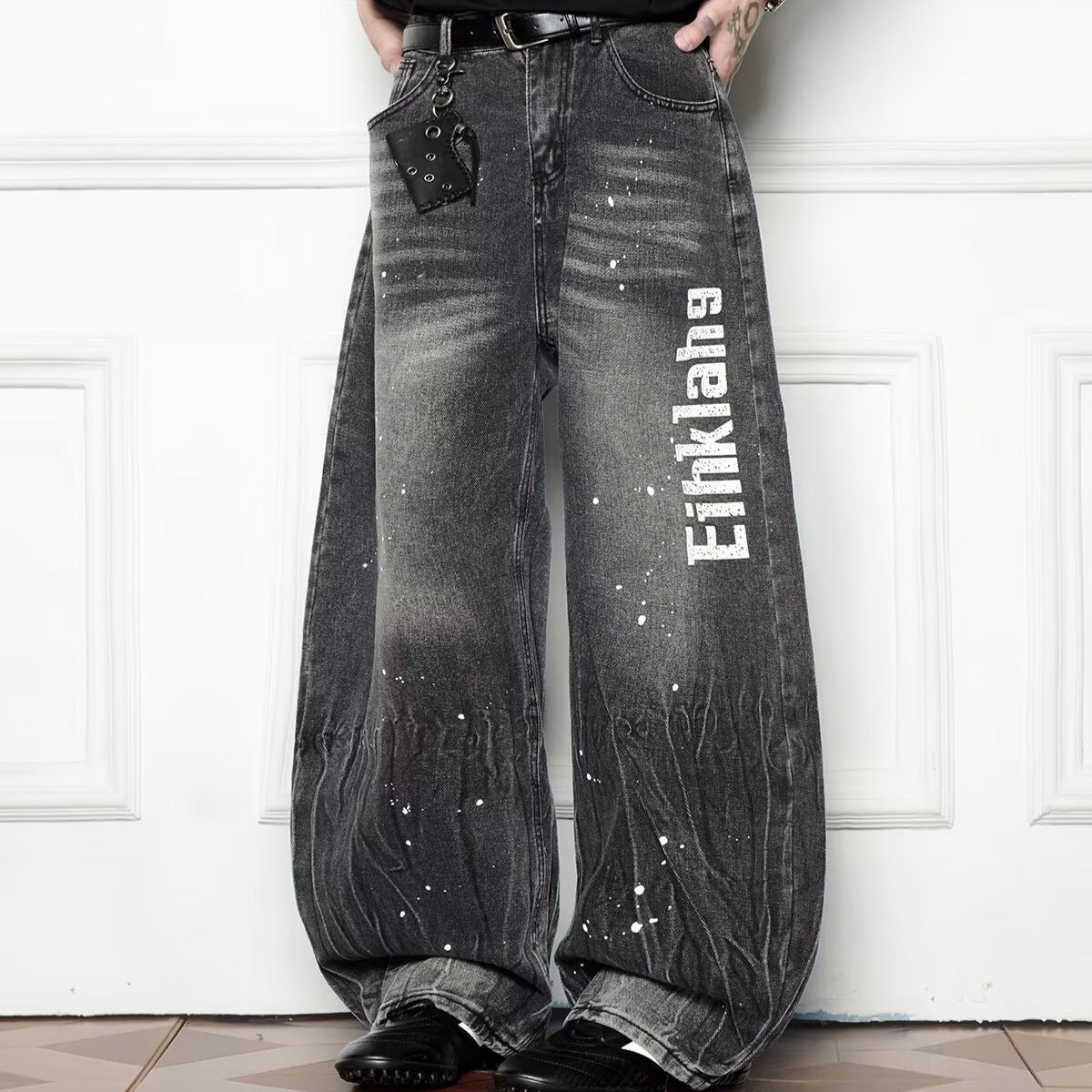 Splash Ink Wash Wide Leg Denim Loose Casual Curved Knife Pants