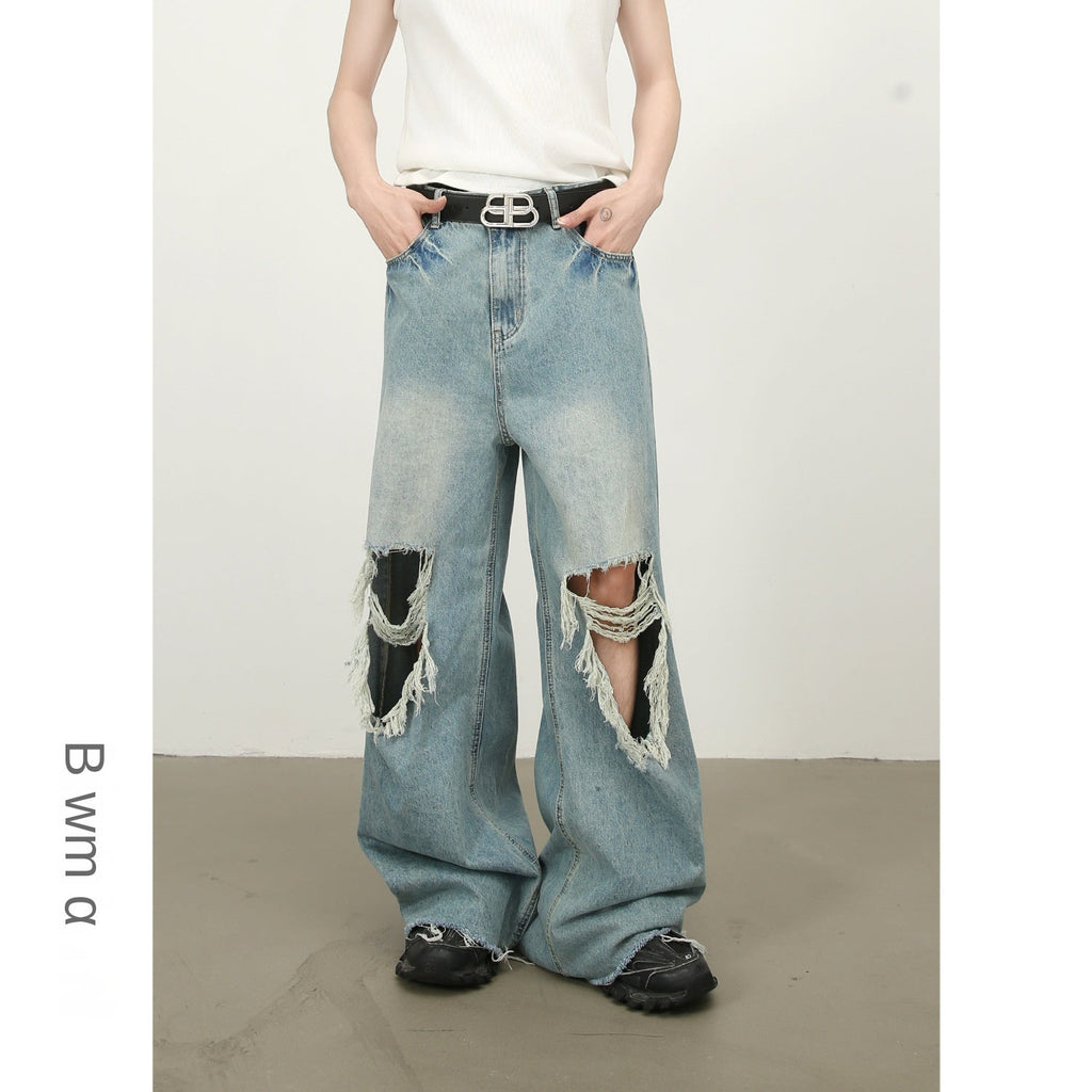 High Street Distressed Hole Fringe Wide Leg Loose Straight Floor-Length Versatile Jeans for Men