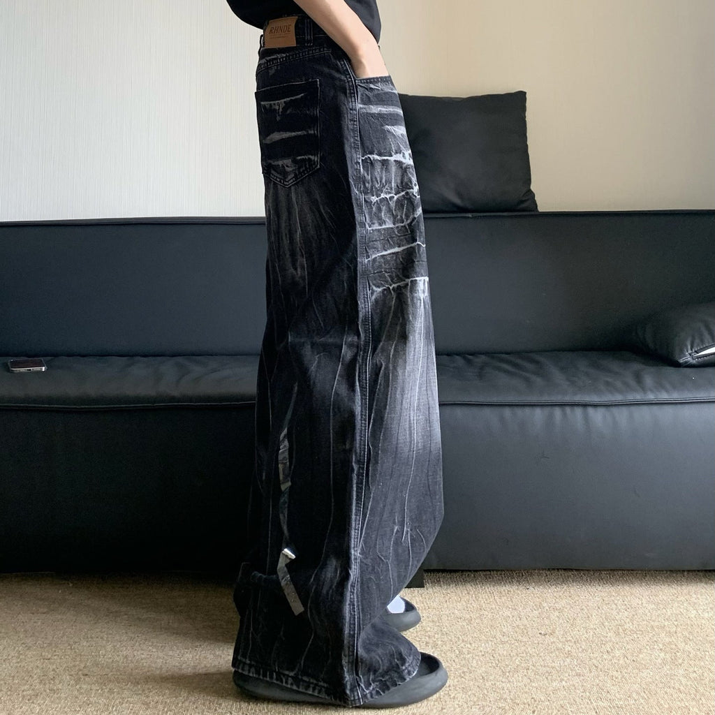Black Lightning Pattern Jeans for Men and Women - High Street Cleanfit Wide Leg Pants