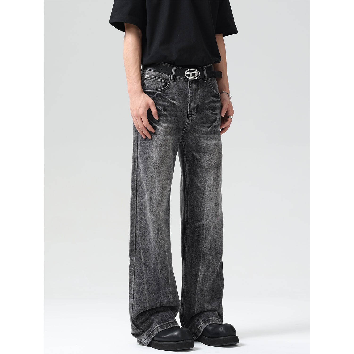 Washed Wide Leg High Street Denim Men's Loose Straight Leg Pants