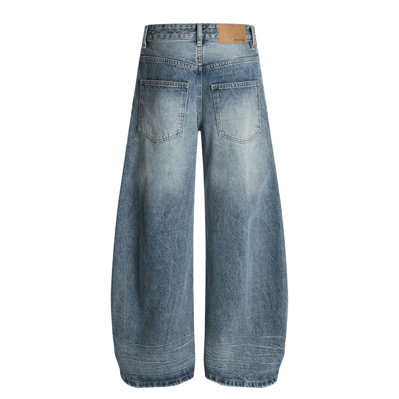 Men's Fuzzy Pocket Denim Pants - Washed Blue Loose Fit Trousers
