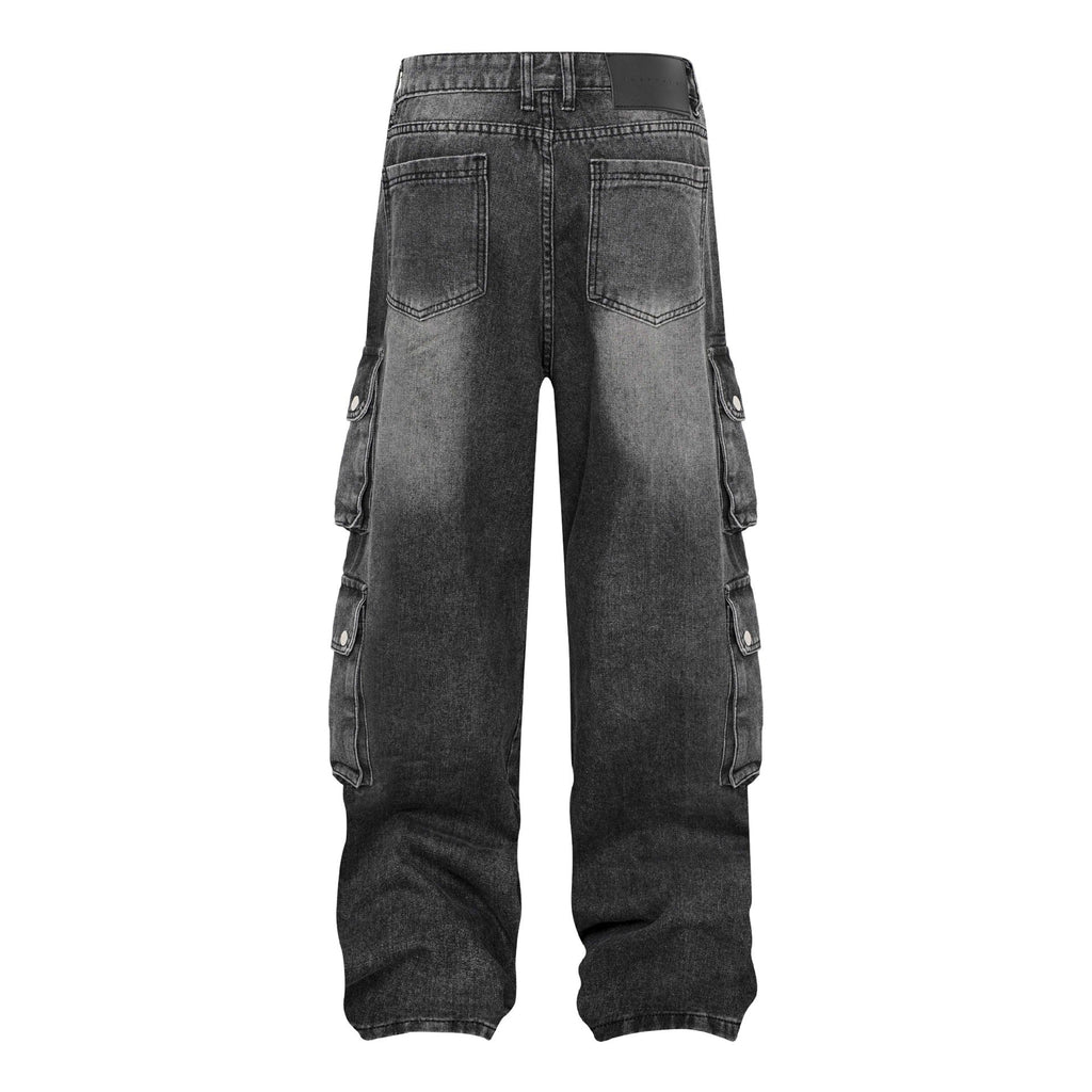 High Street Washed Vintage Multi-Pocket Denim Work Pants - Unisex Loose Wide-Leg Tactical Trousers
