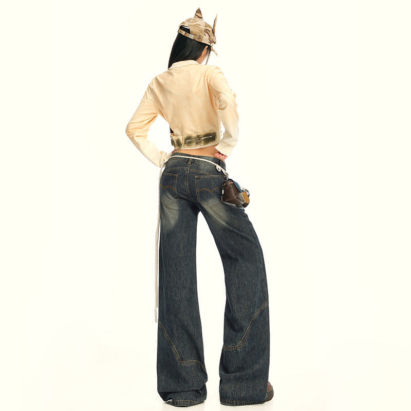 Women's Wide-Leg Jeans with Splicing Retro Design - Loose and Slimming Flare Pants