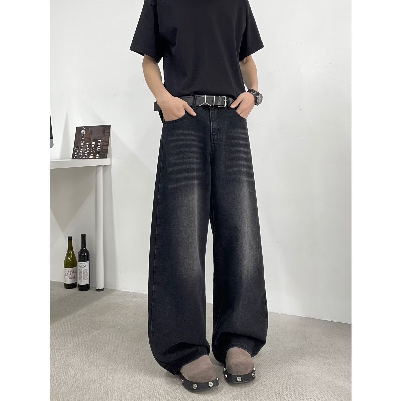 Curved Knife Denim Loose Straight Leg Pants with Letter Embroidery