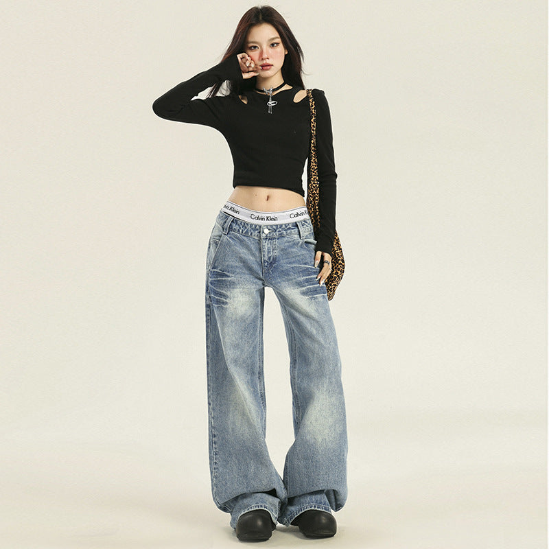 Women's Pleated Wide-Leg Jeans - Low-Waist Straight Leg Slimming Pants