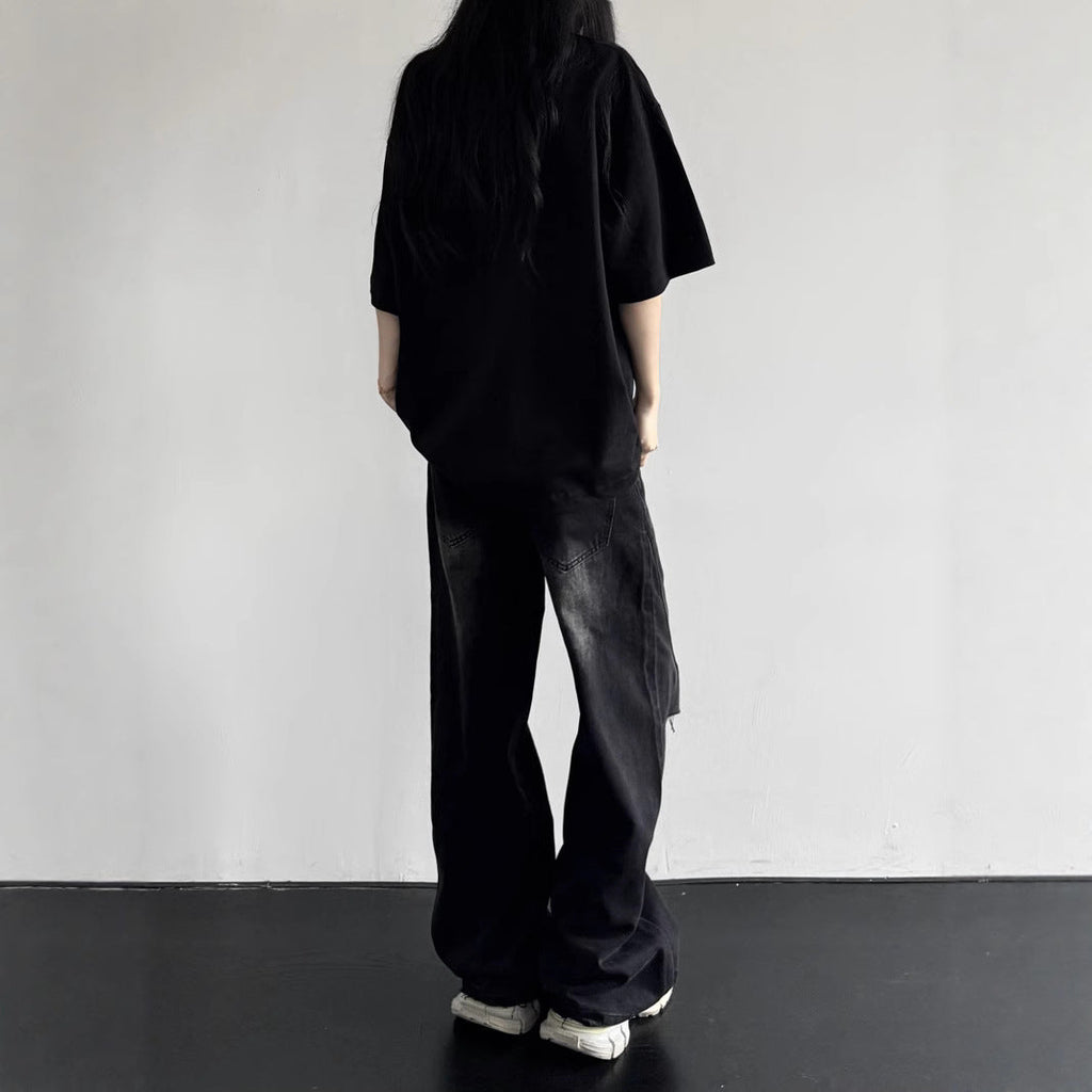 Street Water Washed Vintage Knife-Cut Distressed Denim Pants - Unisex Loose Straight Wide-Leg Long Trousers