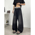 Curved Knife Denim Loose Straight Leg Pants with Letter Embroidery