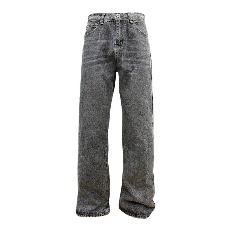 Washed Vintage Smoky Gray Denim Pants - Unisex  Loose Straight Leg All-Match Long Pants