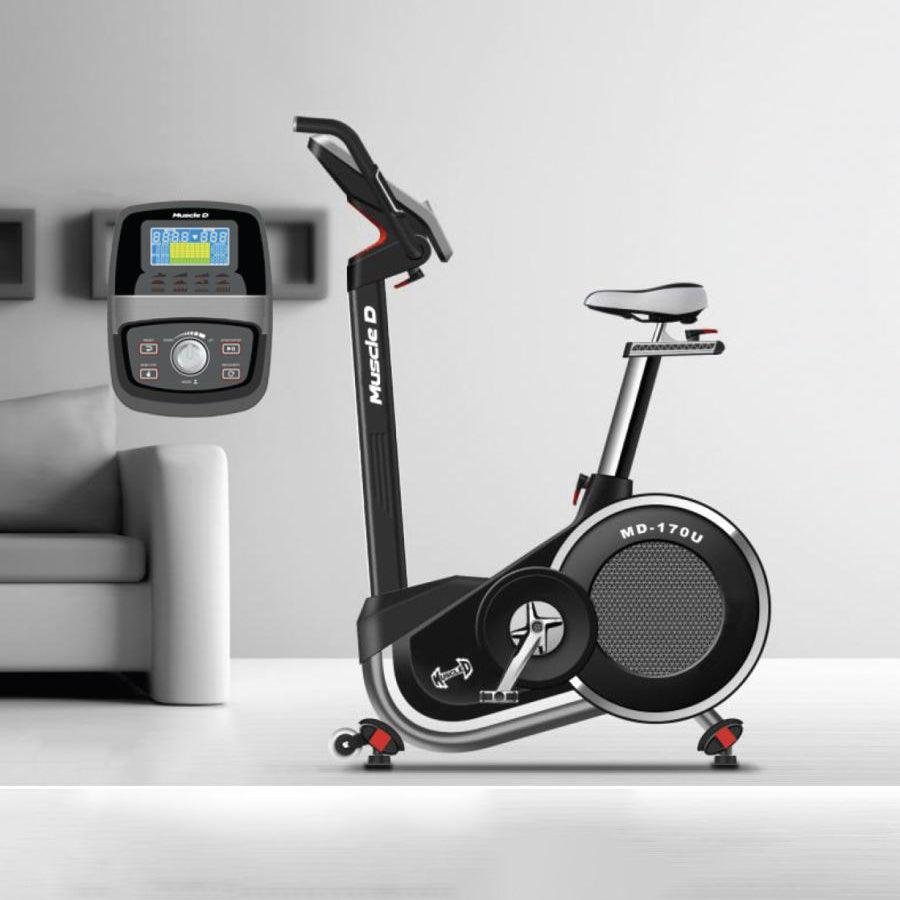 Light Commercial Upright Bike - Muscle D Fitness - LED Display - Heart Rate Monitor - Adjustable Seat - On Wheels for Easy Movement