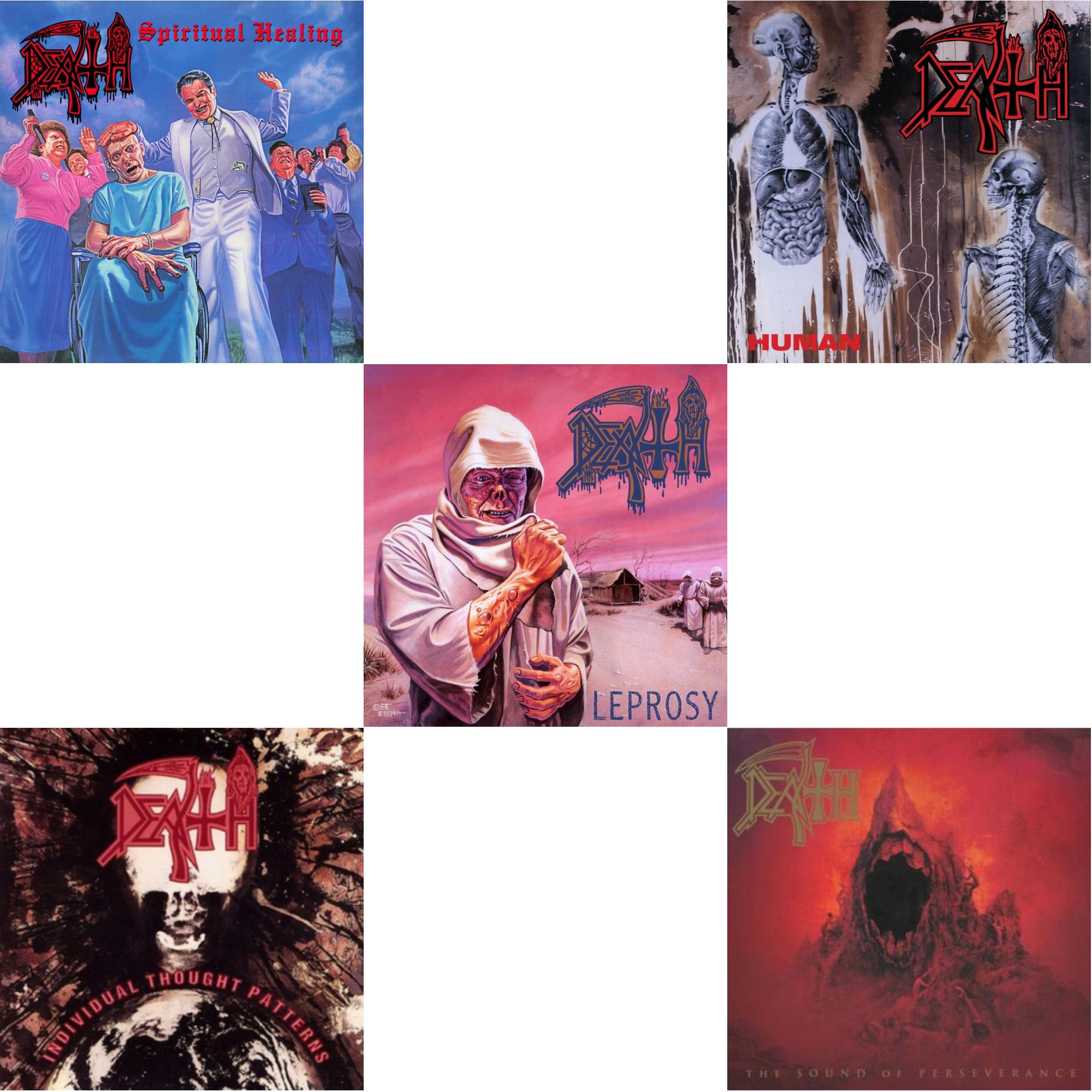 Death - Human (Bone White, Blue Jay & Gold Tri Color Merge With Splatter LP Vinyl) & Sound Of Perseverance (Black, Red & Gold Tri Color Merge Withsplatter Vinyl/2LP) & Individual Thought Patterns - Reissue & Spiritual Healing & Leprosy (Reissue)