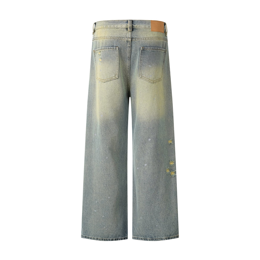 Washed Faded Splatter Hole Denim Pants for Men and Women - Cleanfit Loose Straight Leg Long Pants
